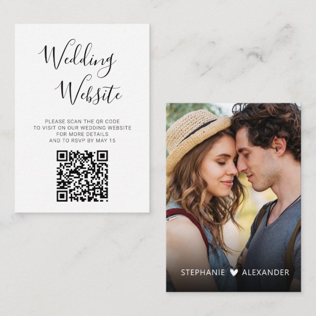 Elegant Script Photo QR Code Wedding Website RSVP  Enclosure Card (Front/Back)