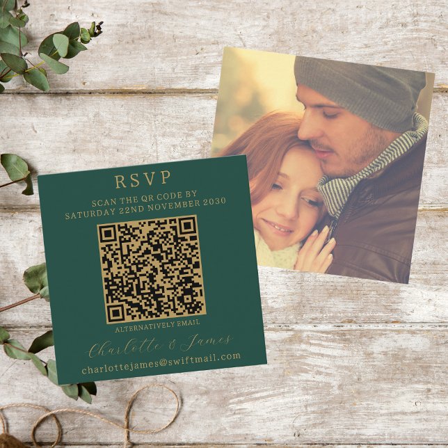 Elegant Script Photo QR Gold And Green RSVP Enclosure Card (Front And Back)