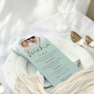 Elegant Script Photo Sage Green Wedding Menu Card