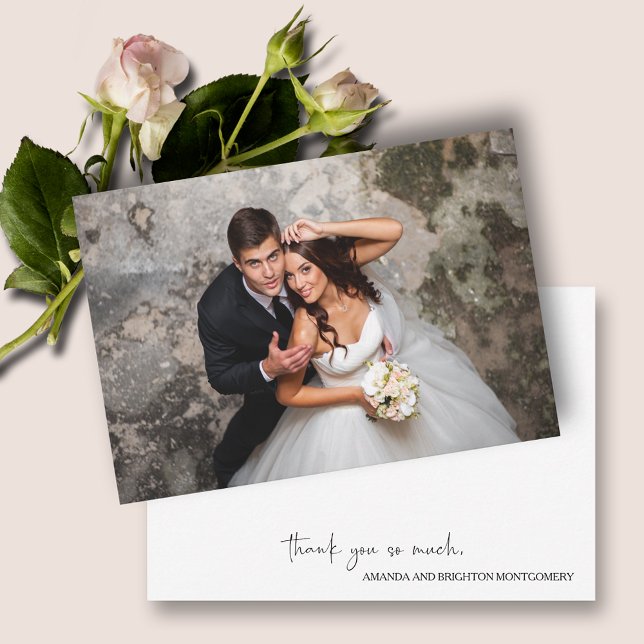 Elegant Script Photo Wedding Flat Card (Wedding flat thank you notes with your photo on front and your message and names on the back)