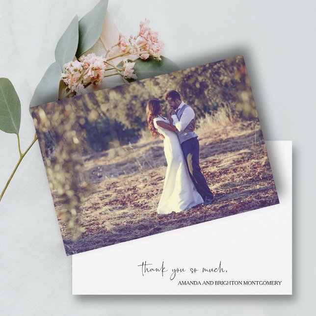 Elegant Script Photo Wedding Flat Card (Wedding flat thank you notes with your photo on front and your message and names on the back)