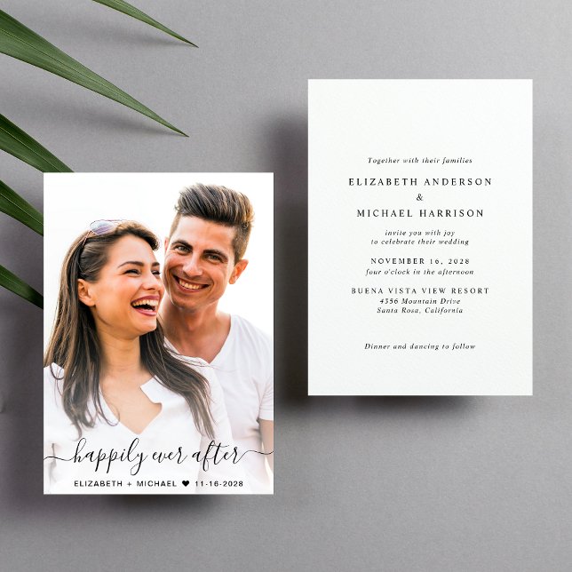 Elegant Script Photo Wedding Invitation (Celebrate your love story with a modern happily ever after wedding invitation showcasing your photo)