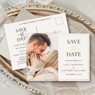 Elegant Script & Photo Wedding Save the Date Gold Foil Invitation Postcard