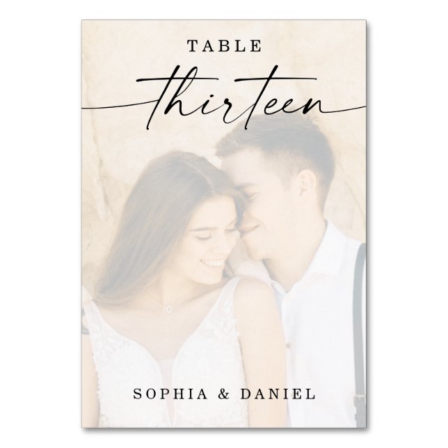 Elegant Script Photo Wedding Table Number Thirteen (Front)