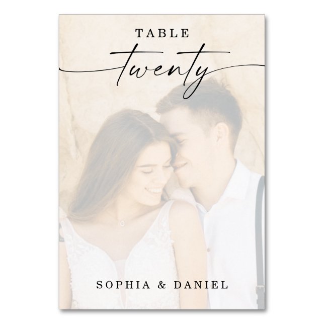 Elegant Script Photo Wedding Table Number Twenty (Front)