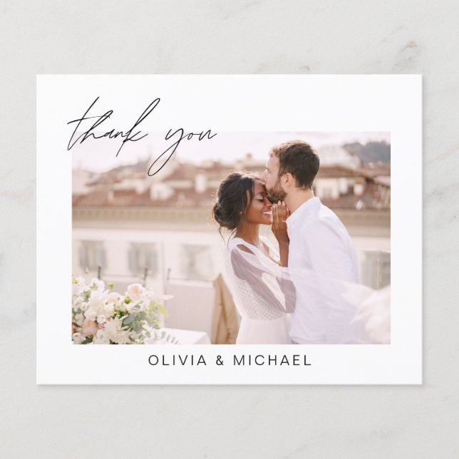 Elegant Script Photo Wedding Thank You Card (Front)