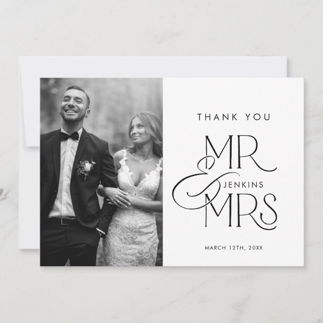 Elegant Script Photo Wedding Thank you card (Front)