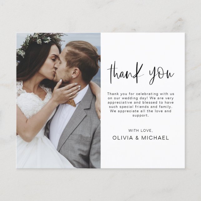 Elegant Script Photo Wedding Thank You Card (Front)