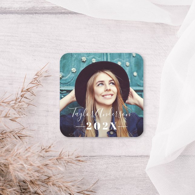 Elegant Script Photo White Class of 2026 Graduatio Square Sticker (Creator Uploaded)