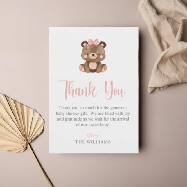 Elegant Script Pink Bear Baby Shower Thank You Card (Creator Uploaded)