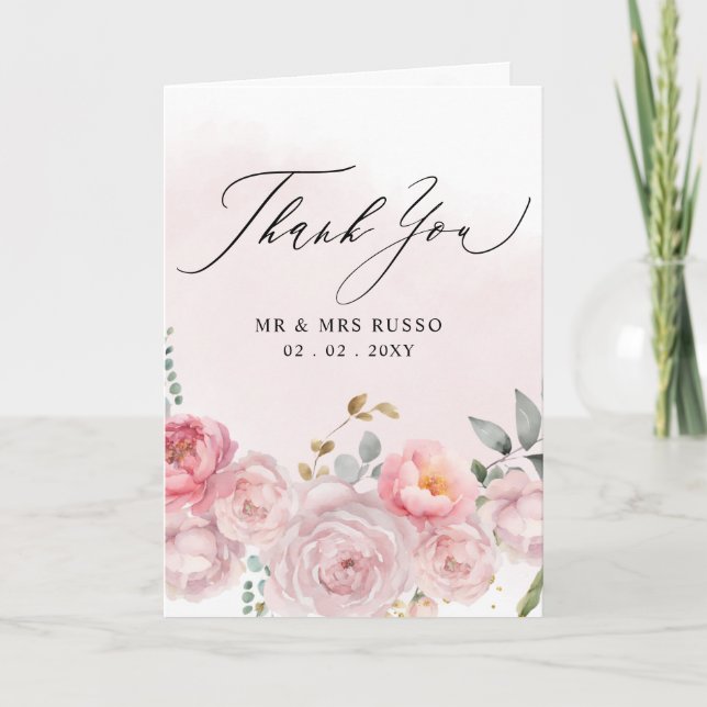 Elegant Script Pink Blush Floral Photo Thank You Card (Front)