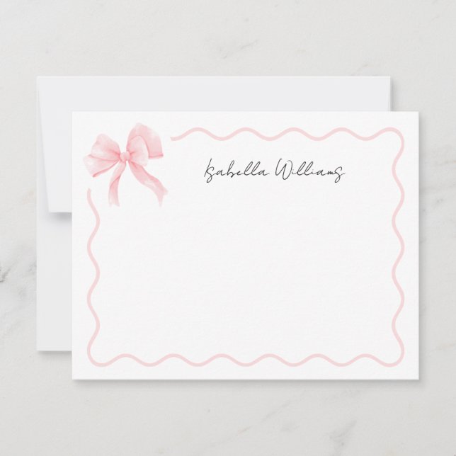 Elegant Script Pink Bow Personalised Note Card (Front)
