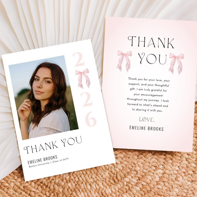 Elegant Script Pink Bow Photo Graduation Thank You Card (Creator Uploaded)