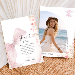 Elegant Script Pink Bow Photo RN Graduation Thank You Card