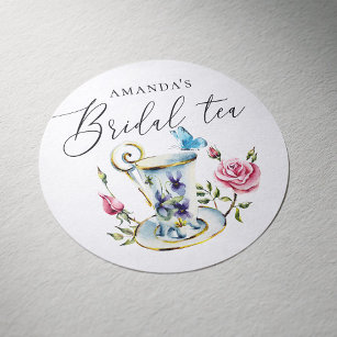 Elegant script pink floral Bridal Shower Tea party Classic Round Sticker