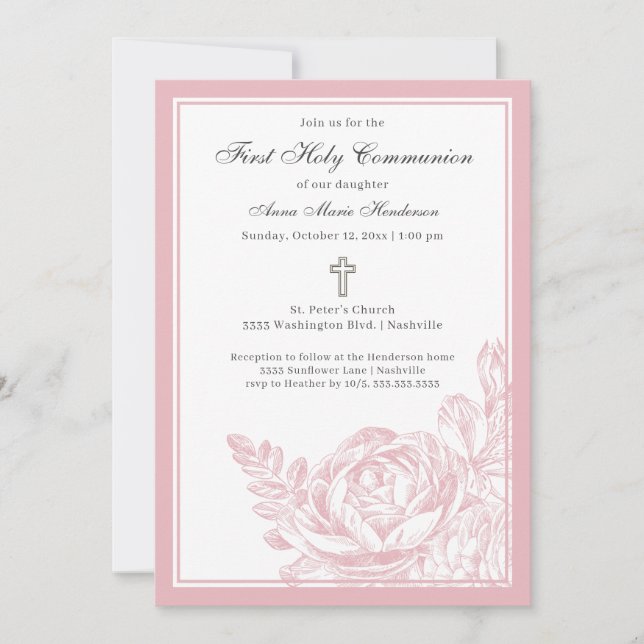 Elegant Script Pink Floral First Holy Communion Invitation (Front)
