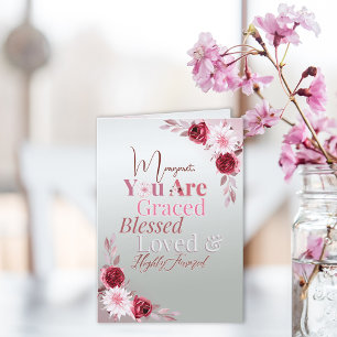 Elegant Script Pink Floral Graced Blessed Loved   Note Card