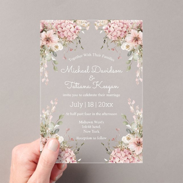 elegant script pink floral minimal wedding acrylic invitations (Insitu (Handheld))