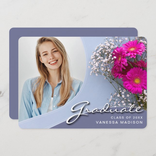 Elegant Script Pink Flowers | Modern Photo Grad Announcement (Front/Back)