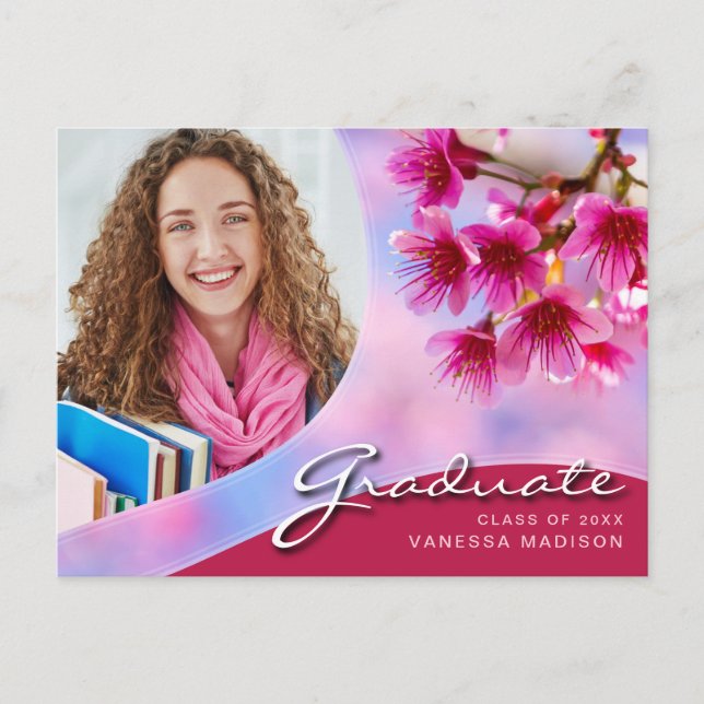 Elegant Script Pink Flowers | Modern Photo Grad Postcard (Front)