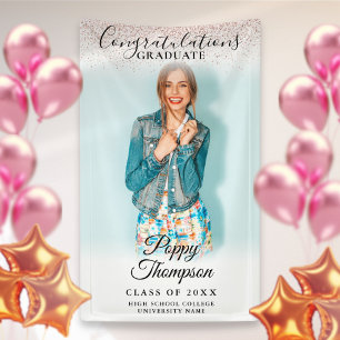 Elegant Script Pink Glitter Photo Graduation Banner