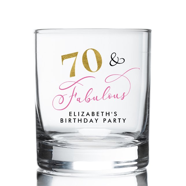 Elegant Script Pink Gold 70th Birthday Party Whiskey Glass (Creator Uploaded)