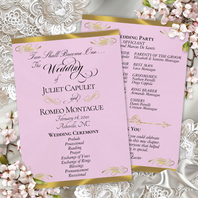 Elegant Script - Pink Pearl/Gold Wedding Programme (Creator Uploaded)