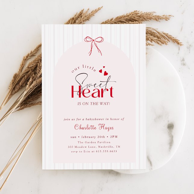 Elegant Script Pink Red Bow Sweetheart Baby Shower Invitation (Creator Uploaded)