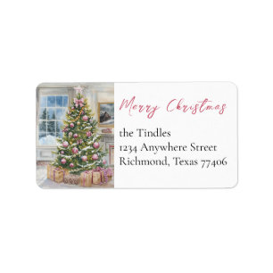 Elegant Script Pink Tree Non Photo Christmas Label