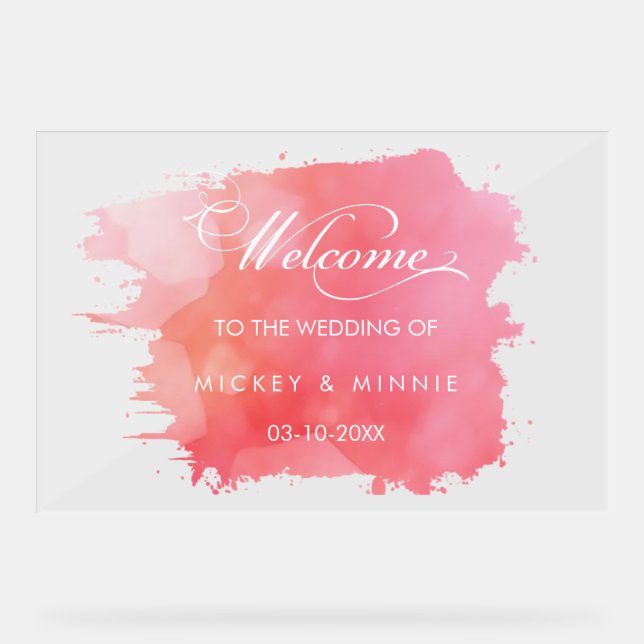 Elegant Script Pink Water Colour Welcome Wedding Acrylic Sign (Front)
