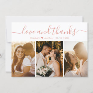 Elegant Script Pink White 3 Photo Collage Wedding Thank You Card