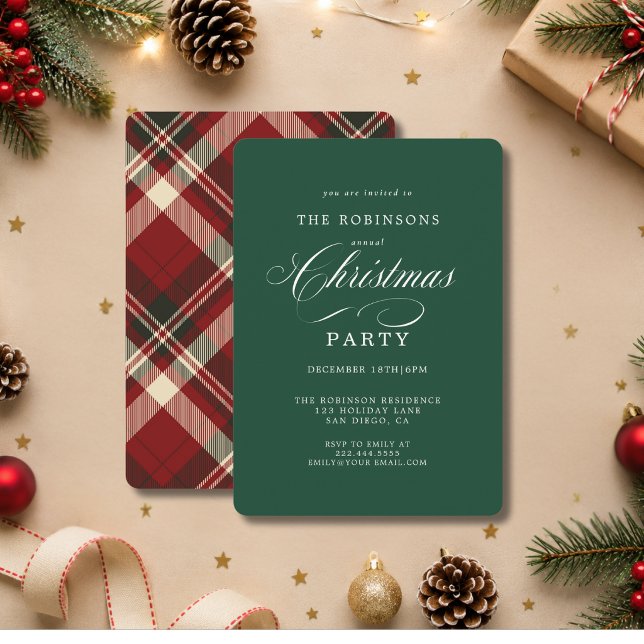 Elegant Script Plaid Christmas Party Green Invitation (Creator Uploaded)
