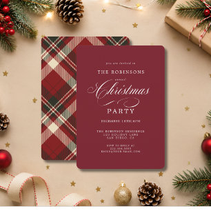 Elegant Script Plaid Christmas Party Red Invitation