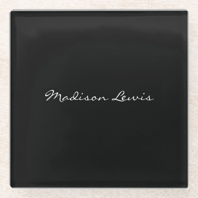 Elegant Script Plain Black Name Calligraphy  Glass Coaster (Front)