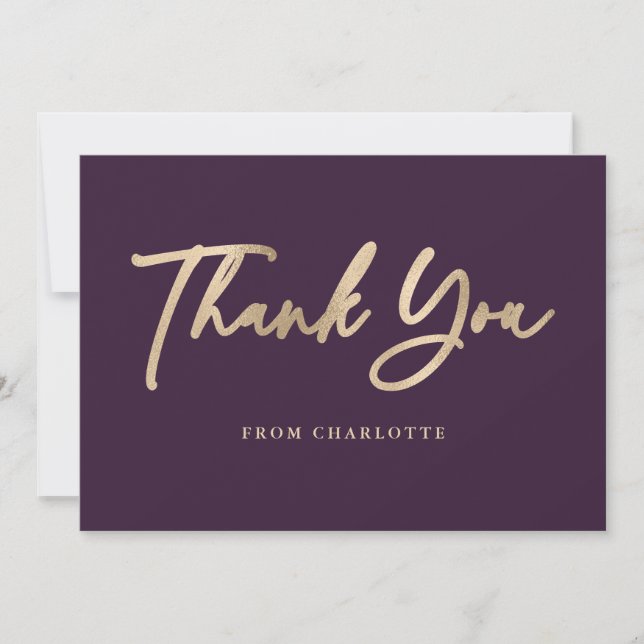 Elegant Script Purple and Gold Thank You Card (Front)
