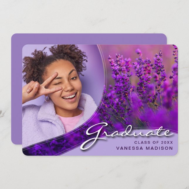 Elegant Script Purple Flowers | Modern Photo Grad  Announcement (Front/Back)