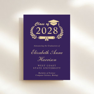 Elegant Script Purple Gold College Graduation Announcement
