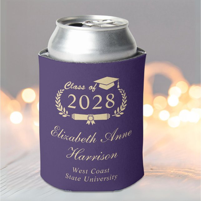 Elegant Script Purple Gold Graduation Can Cooler (Creator Uploaded)