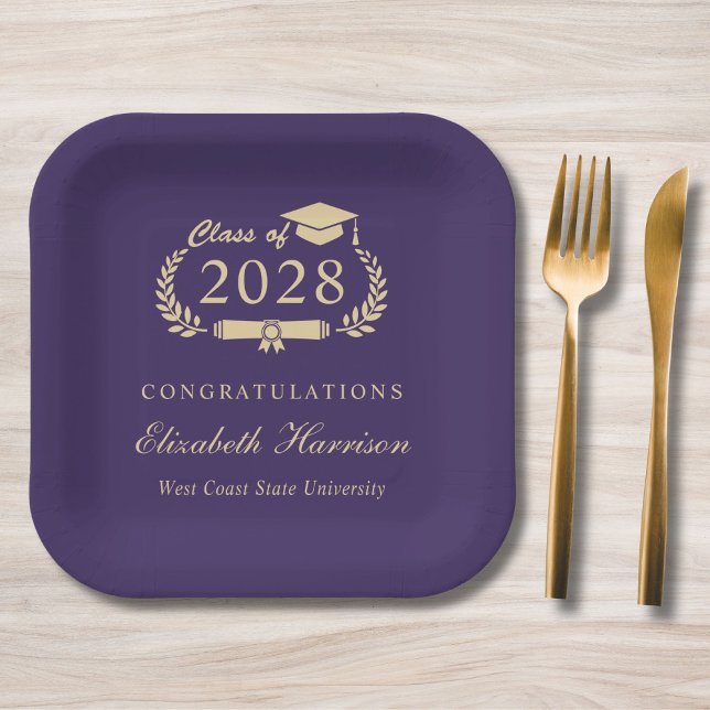 Elegant Script Purple Gold Graduation Paper Plate (Creator Uploaded)