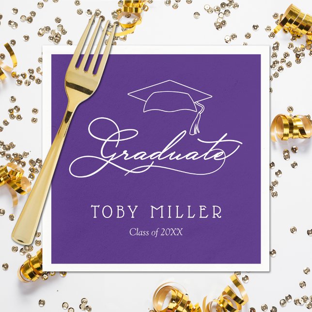 Elegant Script Purple Graduation Party Napkins (White script grad cap on purple personalized graduation party napkins, paper plates in our store)