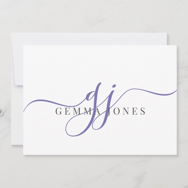 Elegant Script Purple Monogram Initials Name  Card (Front)