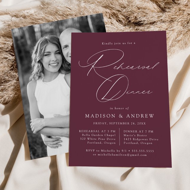 Elegant Script Purple Photo Rehearsal Dinner Invitation (Creator Uploaded)