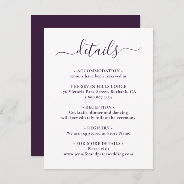Elegant Script Purple Wedding Details Enclosure Card (Front/Back)