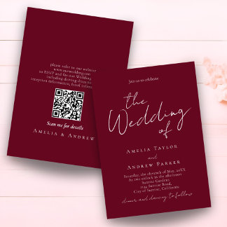 Elegant Script QR Code Burgundy White Wedding Invitation