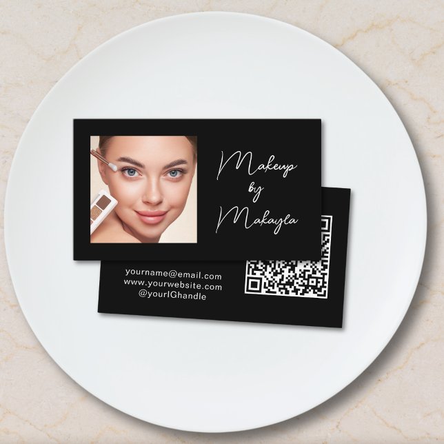 Elegant Script QR Code Photo Makeup Black Business Card (Creator Uploaded)