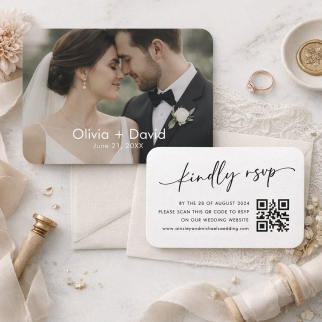 Elegant Script QR Code RSVP Wedding Card (Elegant wedding QR code card with modern photo collage)