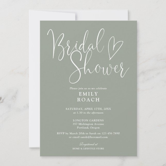 Elegant Script QR Code Sage Green Bridal Shower Invitation (Front)