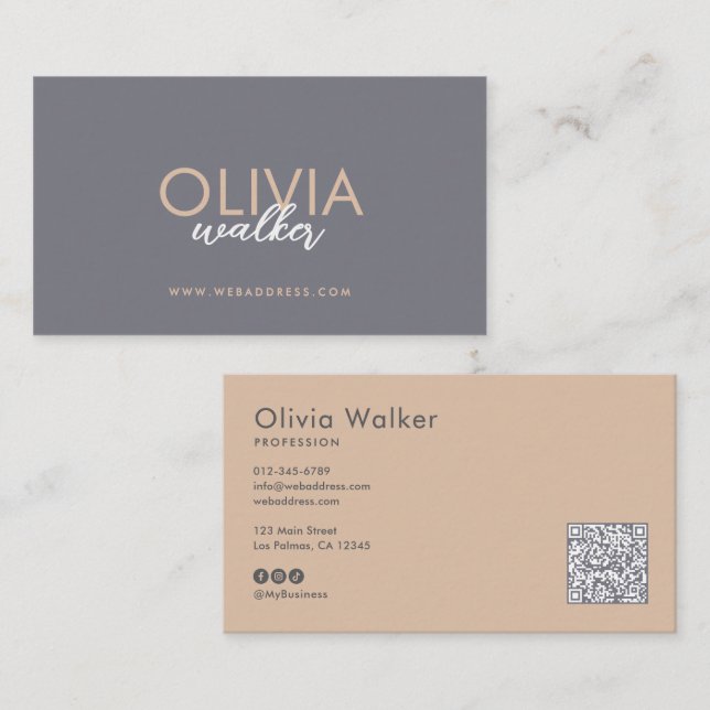 Elegant Script QR Code & Social Media Business Card (Front/Back)