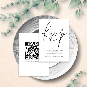 Elegant Script QR Code Wedding Black White RSVP Card