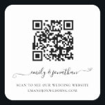 Elegant Script QR Code Wedding Website Square Sticker<br><div class="desc">Elegant Script QR Code Wedding Website. An elegant script with swashes for your names. The text can be easily personalised. Simply change the sample URL in the template with your own URL of your chosen page of your wedding website and your QR code will be automatically generated to update the...</div>